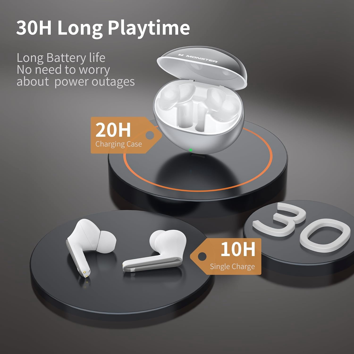 Monster Wireless Earbuds Bluetooth Earbuds HiFi Stereo, Wireless Earphones with 30H Playback, Type-C Charging, Clear Call, Touch Control, IPX6 Waterproof (Silver)