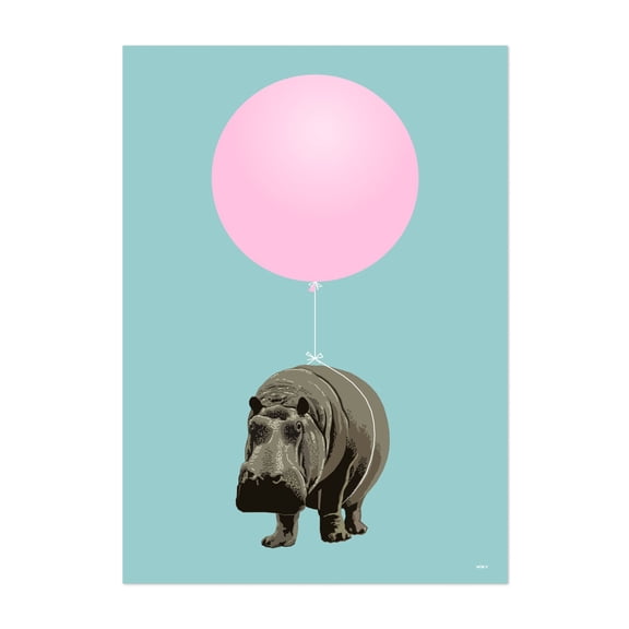 Hippo Balloon Ride - Digital Art Humor Animal Surrealism Whimsical Modern Art Illustration Pop Art Unframed Wall Art Print 4 x 6 inches