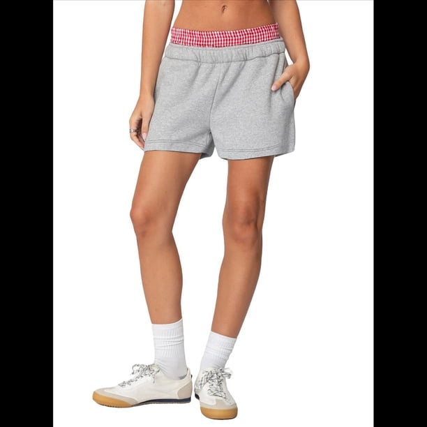 Pantalones Cortos Deportivos para Mujer, Informales, de Verano, con Cuadros Cosidos, Cintura Alta, para Correr y Descansar, con Bolsillos Gris L