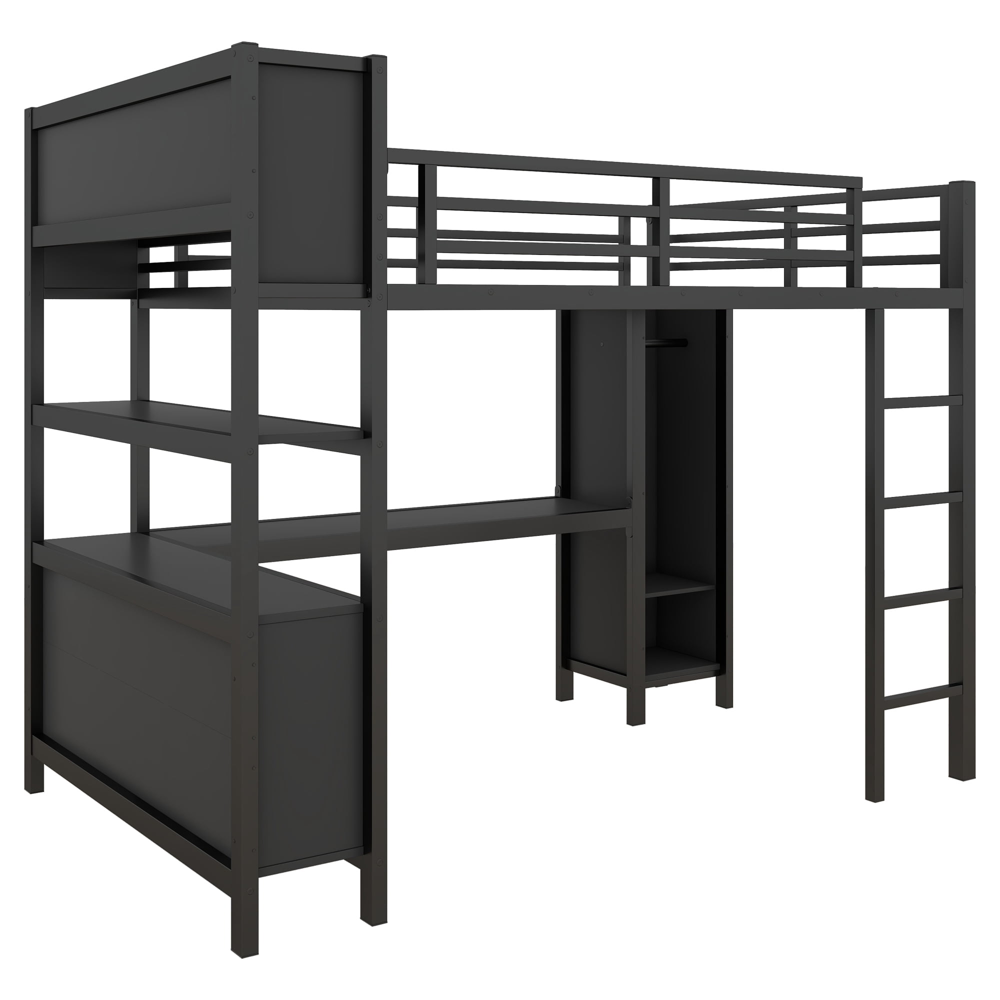 Full Size Loft Bed for Teens and Adults,Metal Loft Bed with Wardrobe And L-shaped Desk,Heavy Duty Loft Bed with Storage Cubes and Shelves for Kids Teens Adults,Black