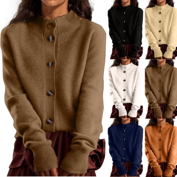 Women’s Cardigans Casual Loose Button Up Long Sleeve Crewneck Knit Cardigan Sweaters Open Front Outerwear Coats Black 2XL