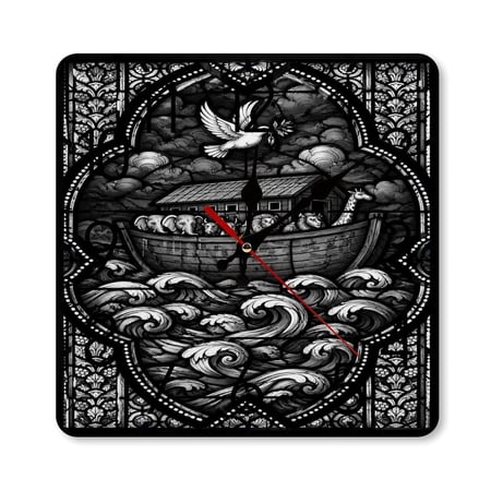 RKSupls 10×10inch Square Silent Wall Clock Wooden Frame, Stained Glass Noah Ark Dove Scale Decorative Clock for Home Bedroom Living Room Office