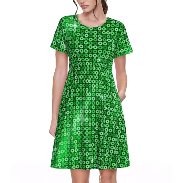 Easygdp Shiny round green sequins para Vestido Transpirable de Mujer, Vestido Suelto de Manga Corta con Pliegues y Bolsillos para el Verano