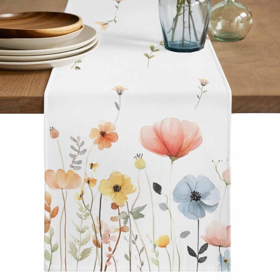 Table Runner 70 Inches Long for Kitchen Dining, Spring Wildflowers Dresser Scarf Farmhouse, Dining Table Decorations for Wedding/Parties, Watercolor Rustic Flowers Floral Leaves 13 x 70 In