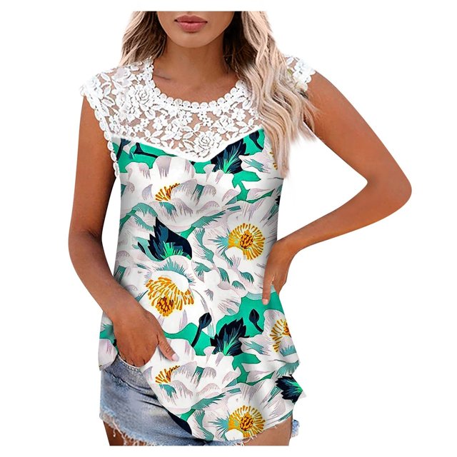 Camiseta sin mangas de encaje con estampado de mujer Camiseta sin mangas de empalme de cuello redondo Camiseta ligera y cómoda delgada OAVQHLG3B Store lin121212