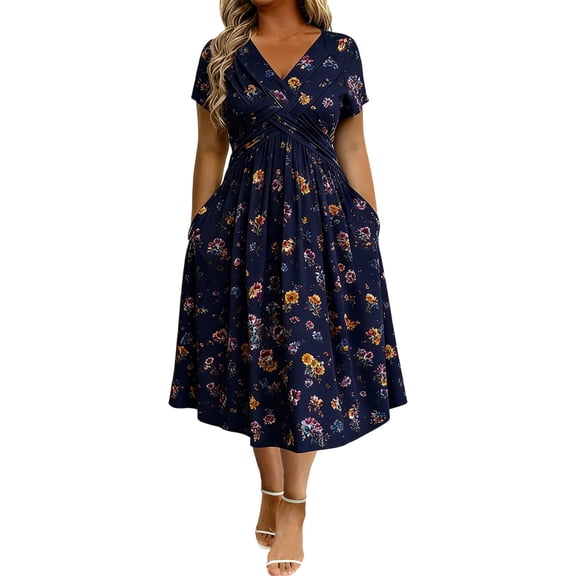 CHGBMOK Vintage Floral Wrap Midi Dress Women High Waist Tummy Control Short Sleeve Pocket Flowy Sundress S-5XL Elegant Dress for Wedding Party Daily Travel