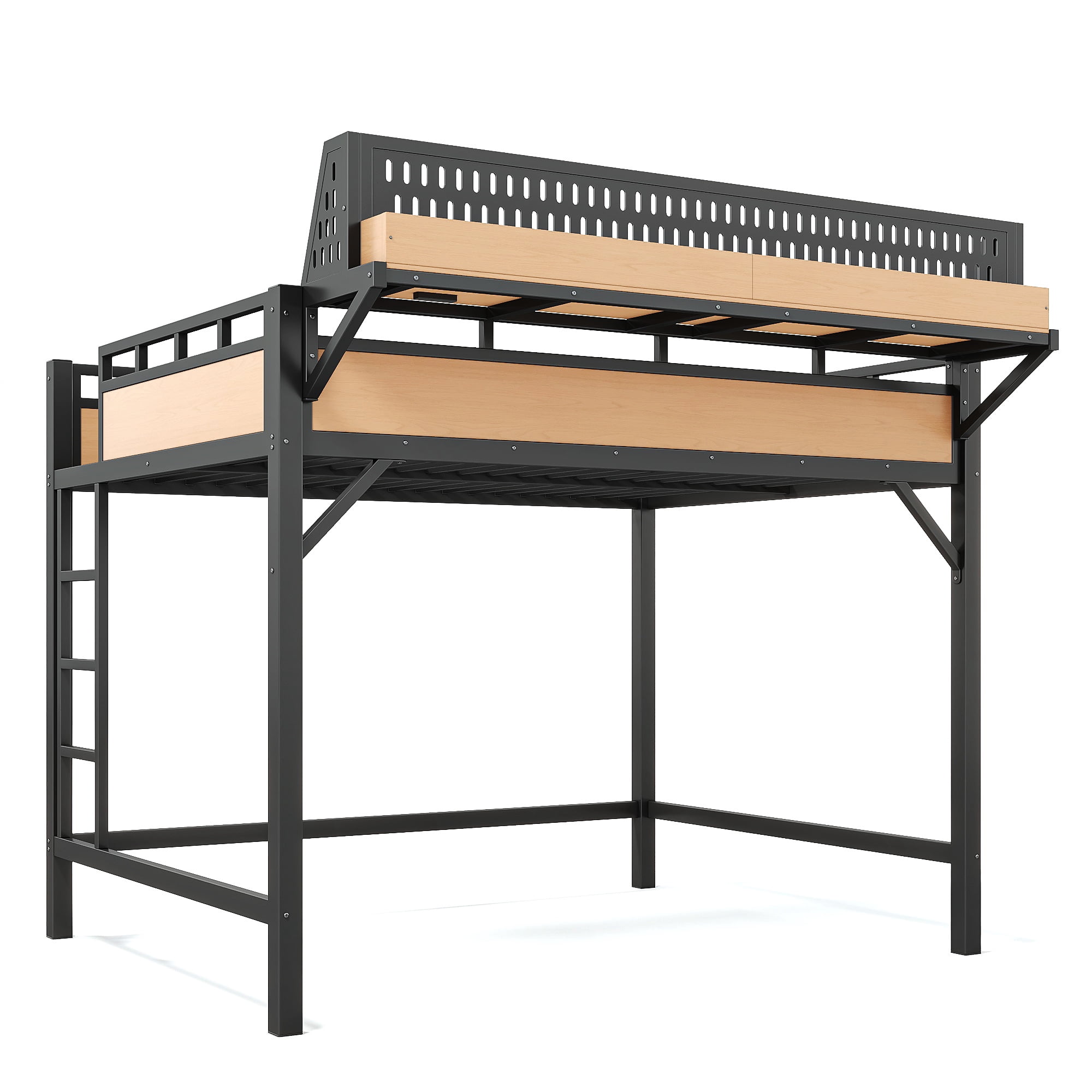 Leumius Queen Size Loft Bed with Storage Shelves and Pegboard,Metal Loft Bed Frame with USB Ports and LED Lights,Natural