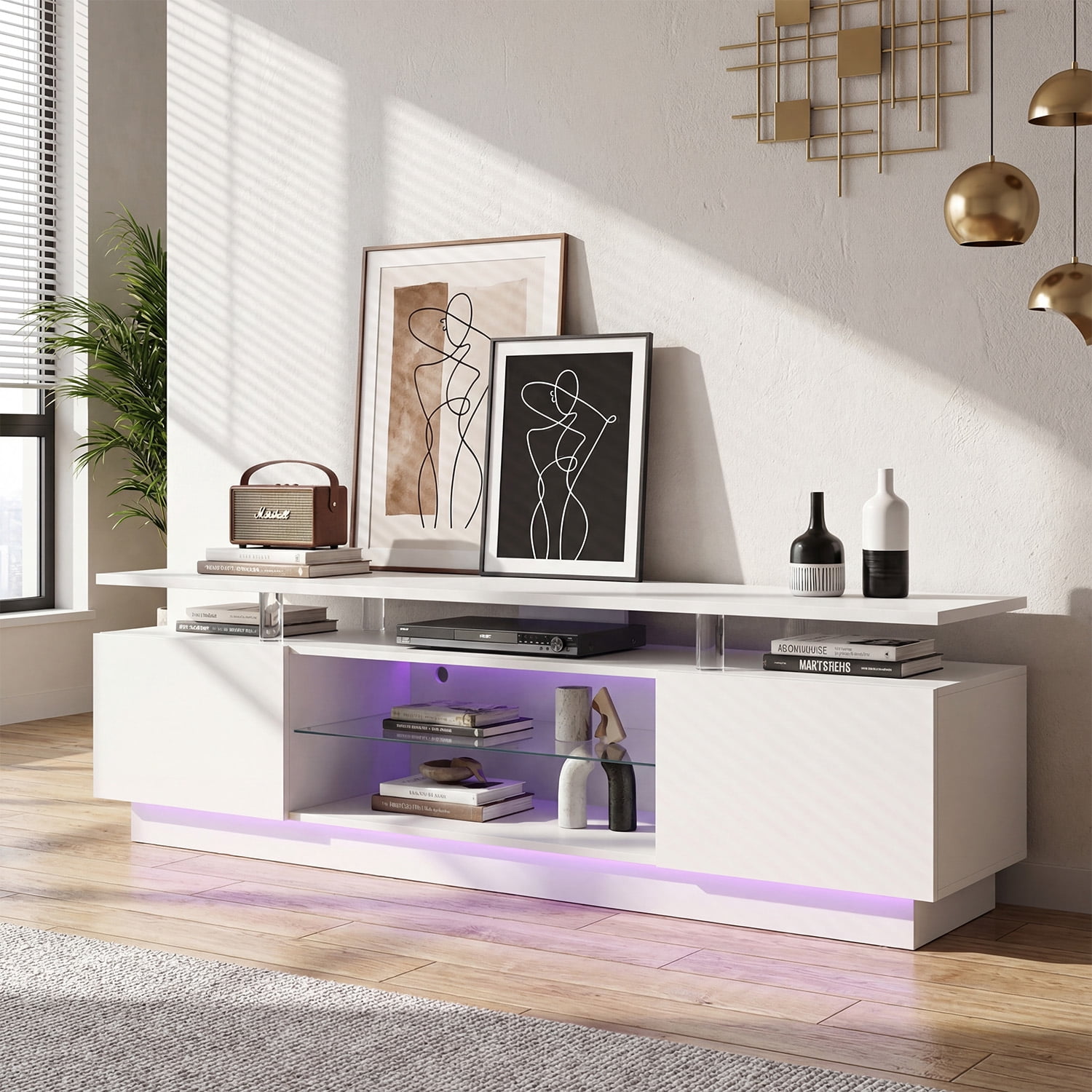 Sonegra 70” High-Glossy TV Stand with 2 Side Cabinets, Modern Stylish TV Console with 3 Layer LED Lights,Gaming TV Media Console with Adjustable Glass Shelf, White