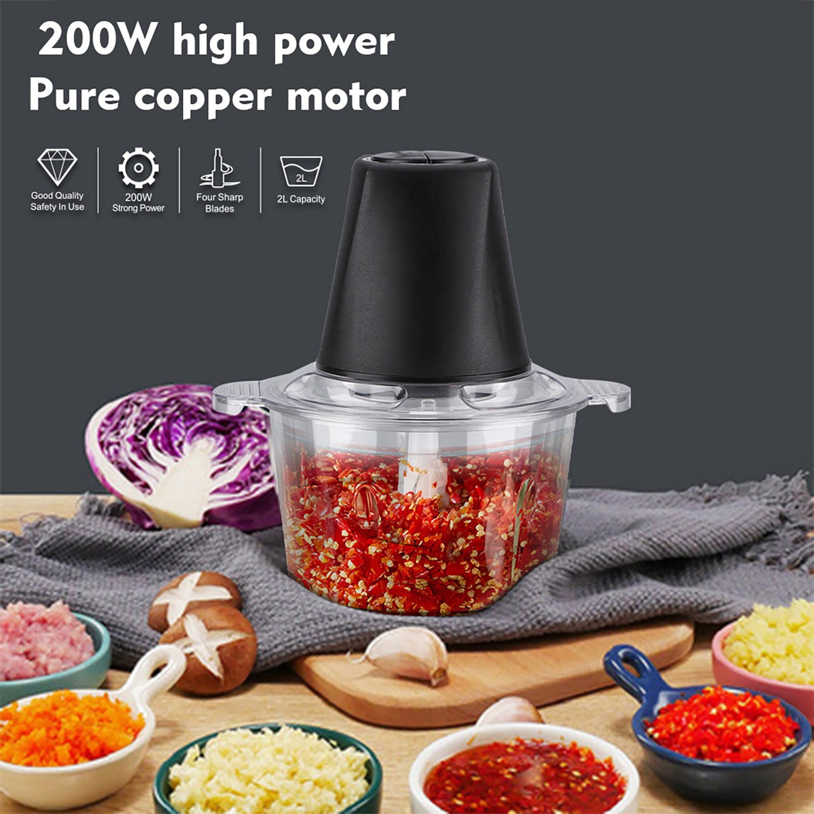 Food Processor Electric Meat Grinder 200W Food Chopper with Large Sharp Blade & Protective Case & Scraper, 2 L Capacity For Vegetable Fruit Meat Powerful Chopping Grinding, 1Pc(Clear,7.8x4.7x9.4")