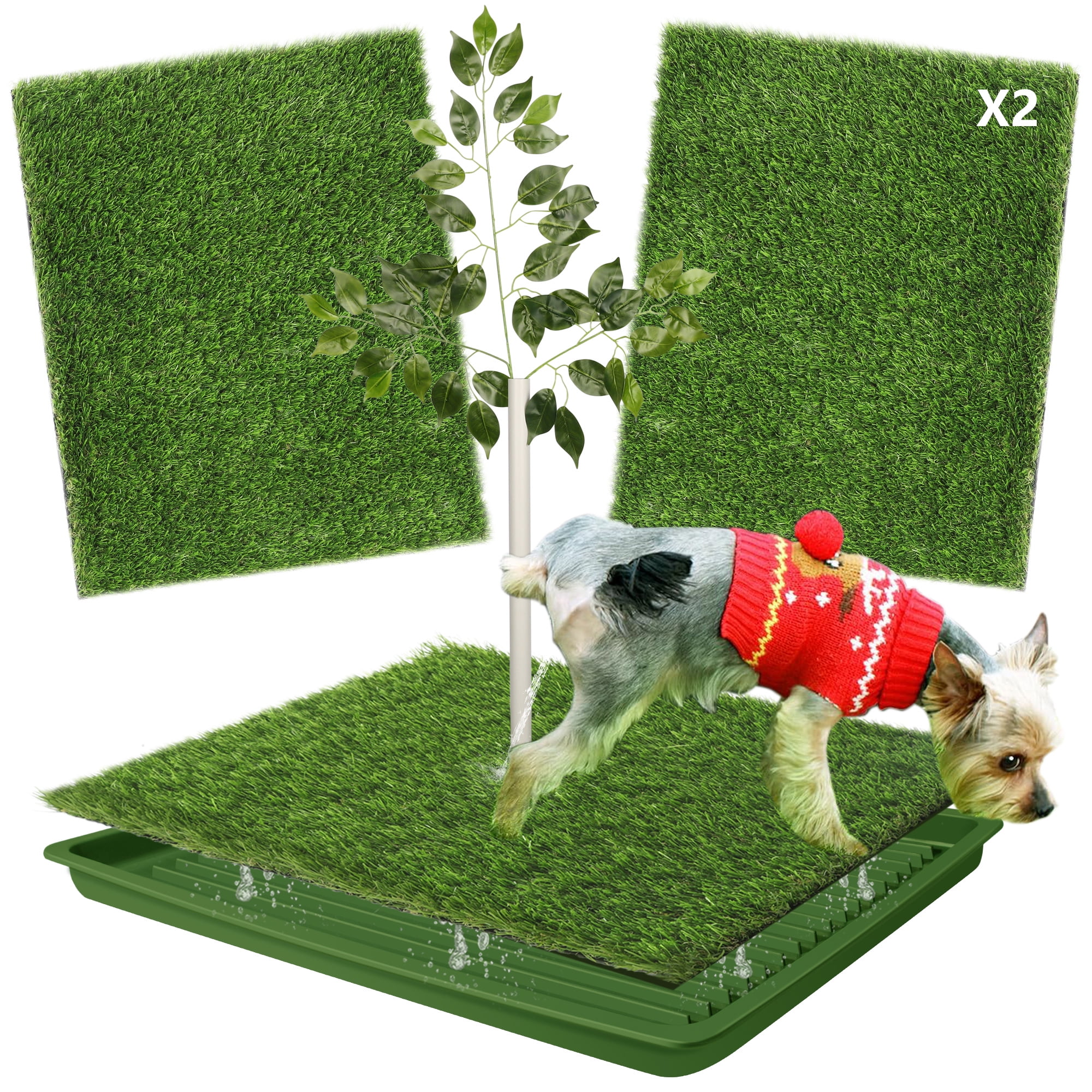 Dog Grass Pad with Tray – 2 Pack Replaceable Artificial Grass Puppy Training Pad, Quick Absorbent Indoor/Outdoor Portable Potty, Washable Pee Pad for Puppy - Ultimate Pet Training Solution Green