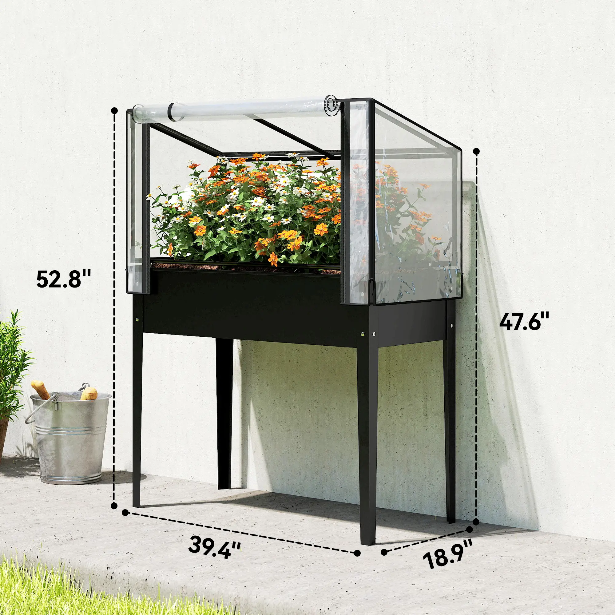 2-in-1 Raised Garden Bed with Mini Greenhouse Cover, Black Elevated Planter Box, Flip-Up Zippered Door, Drainage Hole, 0.6mm Rustproof Metal, 176lbs Capacity for Outdoor Plants