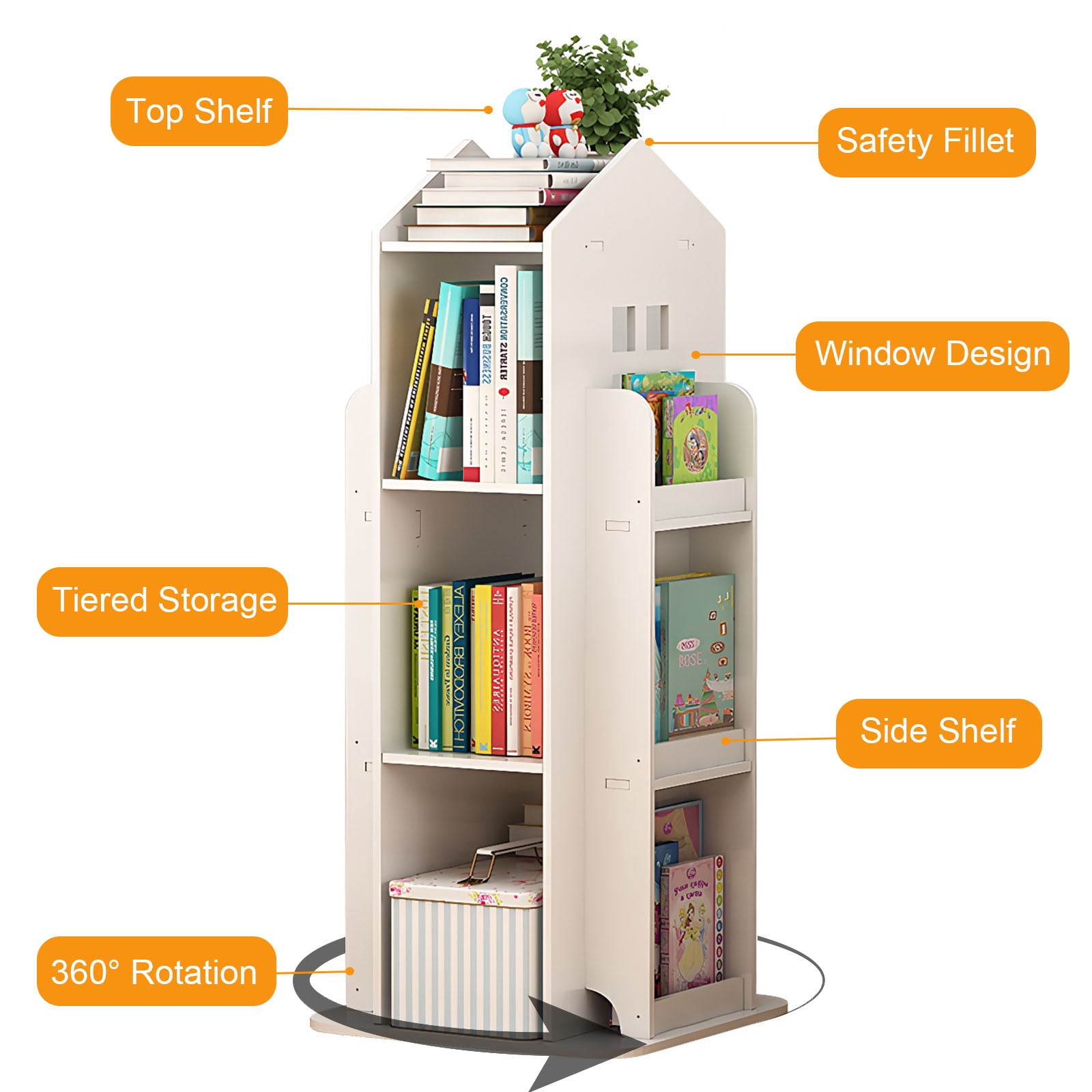 4-Tier Rotating Bookshelf, 360 Degree Display Book Shelf for Bedroom Living Room Study Room, Floor Standing Bookcase for Kids, PVC Wood-Plastic Board, White