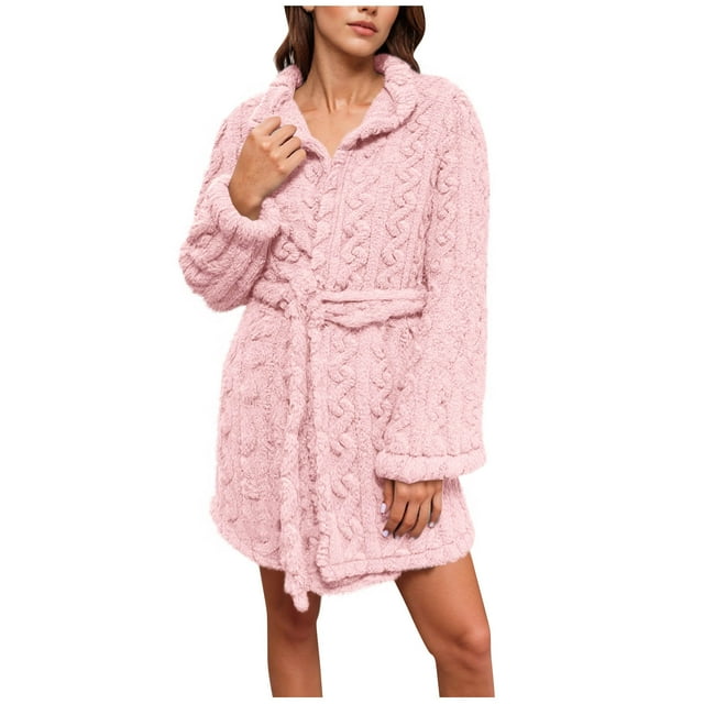 Ovingeta Women Long Sleeve Bathrobe Thicken Robe Lapel Collar Loungewear Flannels Robe Wool Fleece Tops Fuzzy Warm Sleepshirt