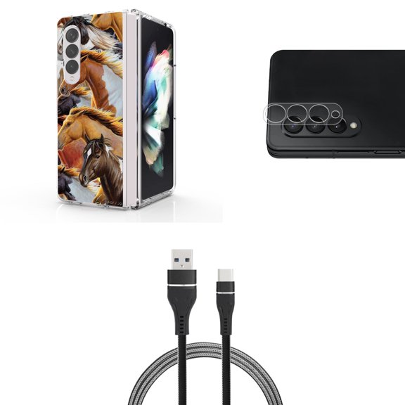 Accessory Bundle for Galaxy Z Fold 4: Slim Snap-On Case (Wild Horses), Rear Camera Glass Protector, Nylon Braided USB-C to USB-A Cable (3 Feet)