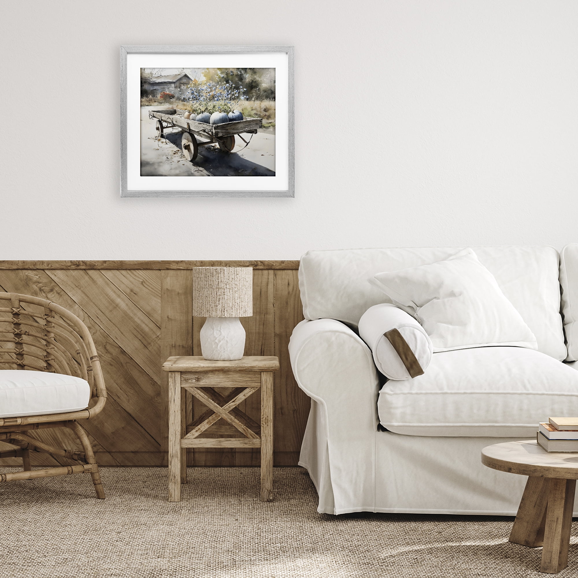 Stupell Industries Blue Pumpkin Wagon in Sunlight Gray Framed Print Under Glass, design by Franklyn Gregory