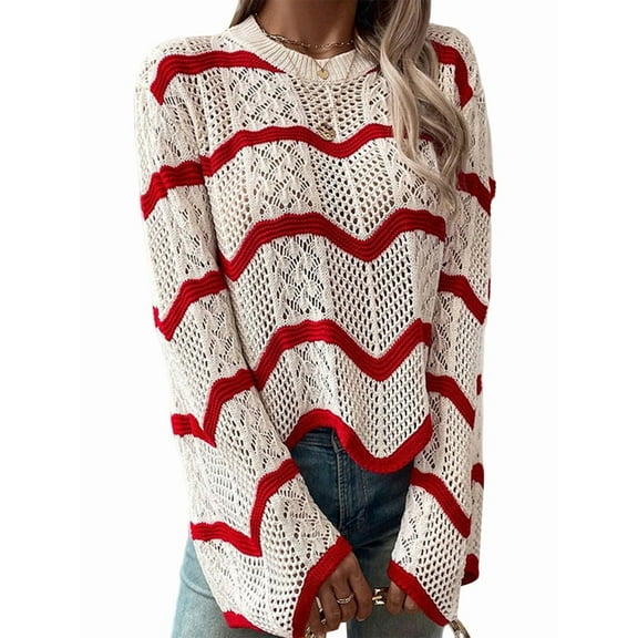 Women'S Crochet Tops Wave Pattern Trumpet Long Sleeve Round Neck Hollow All-Match Pullover Knit Tops S