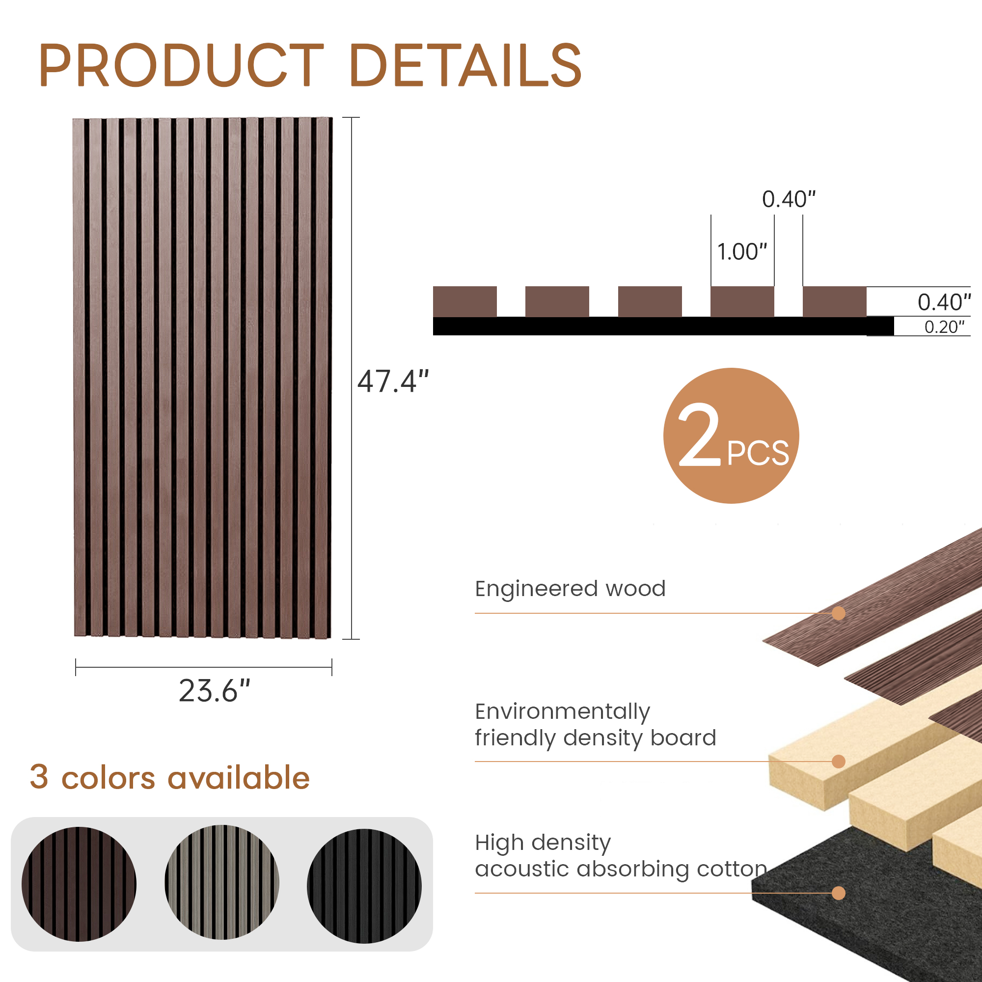 Melocadol 2Pcs Sound Proof Wood Slat Panels, 47.4" x 23.6" Acoustic Wall Panels for Interior Wall Decor Noise Cancelling, Sound Absorbing Panel, Easy to Install, Brown