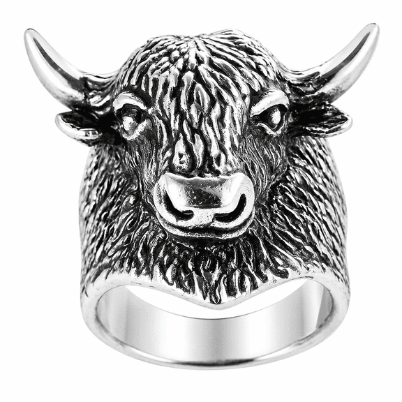 BQH Men’s Stainless Steel Bull Head Ring, Animal Face Wide Band Ring for Men, Sizes 8-13, Western Biker Style for Daily Wear Concert Party Gift for Him