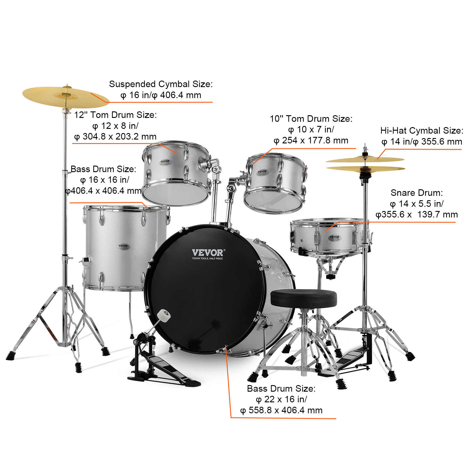 VEVOR Adult Drum Set, 5-Piece,22 inches Complete Full Size Drum Kit with Bass Toms Snare Floor Drum Adjustable Throne Stands Cymbal Hi-Hat Pedal and Drumsticks, Silver