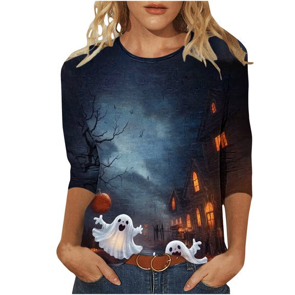 Uootdi Halloween Womens Round Neck 3/4 Sleeve Tops Halloween Theme Vintage Print Casual Tees Loose Fit Fall Party Soft Stretch Shirts Gift