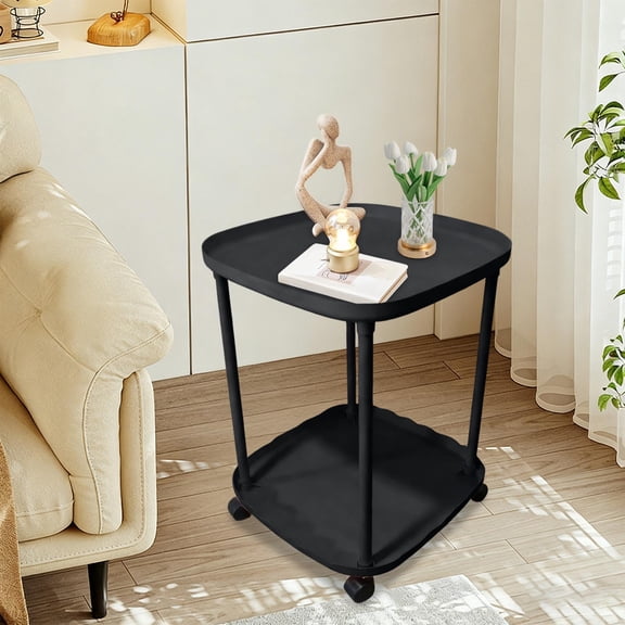 Rolling Side Table with Wheels | 2-Tier Mobile Coffee Table | Plastic Bedside Table for Bedroom & Living Room | 1-Piece Storage Rack in White, Black, Pink, or Blue