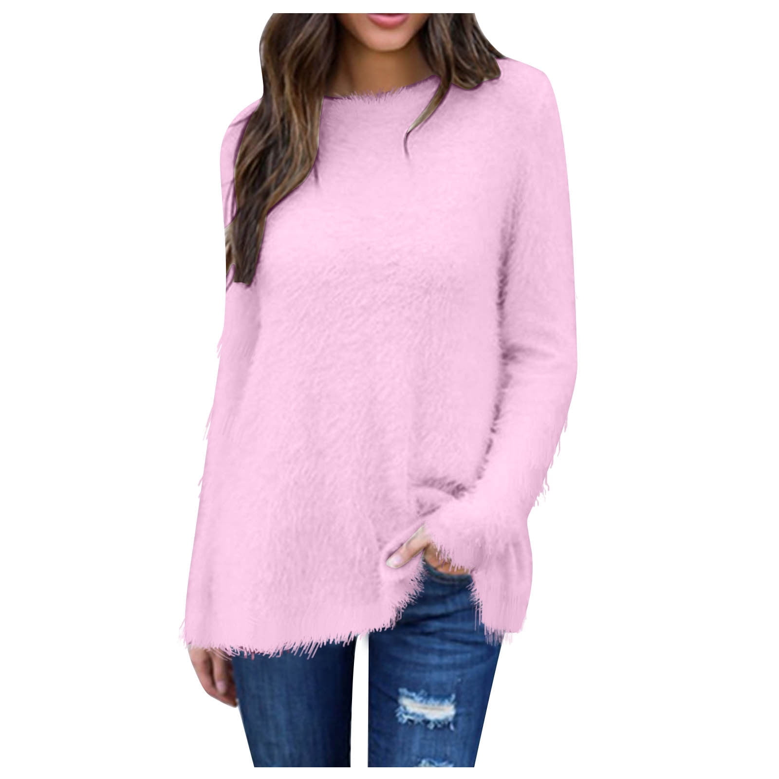 FAIWAD Women's Sweater Long Sleeve Round Neck Sweater Fall Winter Cusual Solid Color Pullover Tops