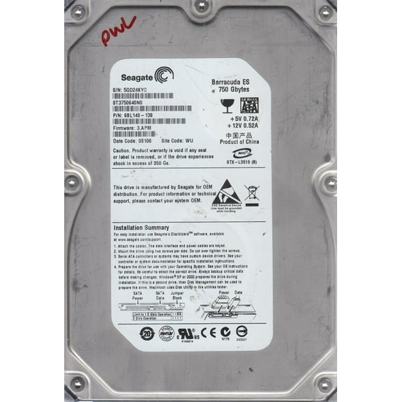 ST3750640NS, 5QD, WU, PN 9BL148-138, FW 3.APM, Seagate 750GB SATA 3.5 Hard Drive