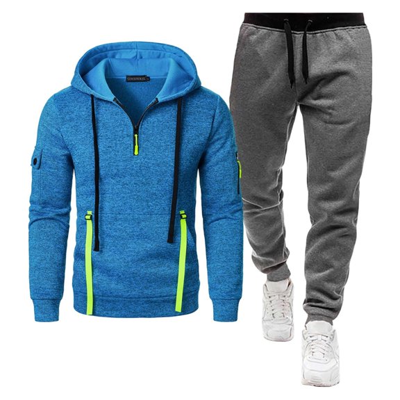 Admvng Two Piece Sets for Men Winter Solid Casual Loose Drawstring Long Sleeve Hooded Workwear with Multiple Pockets Sweatshirt Set, Size S-3XL