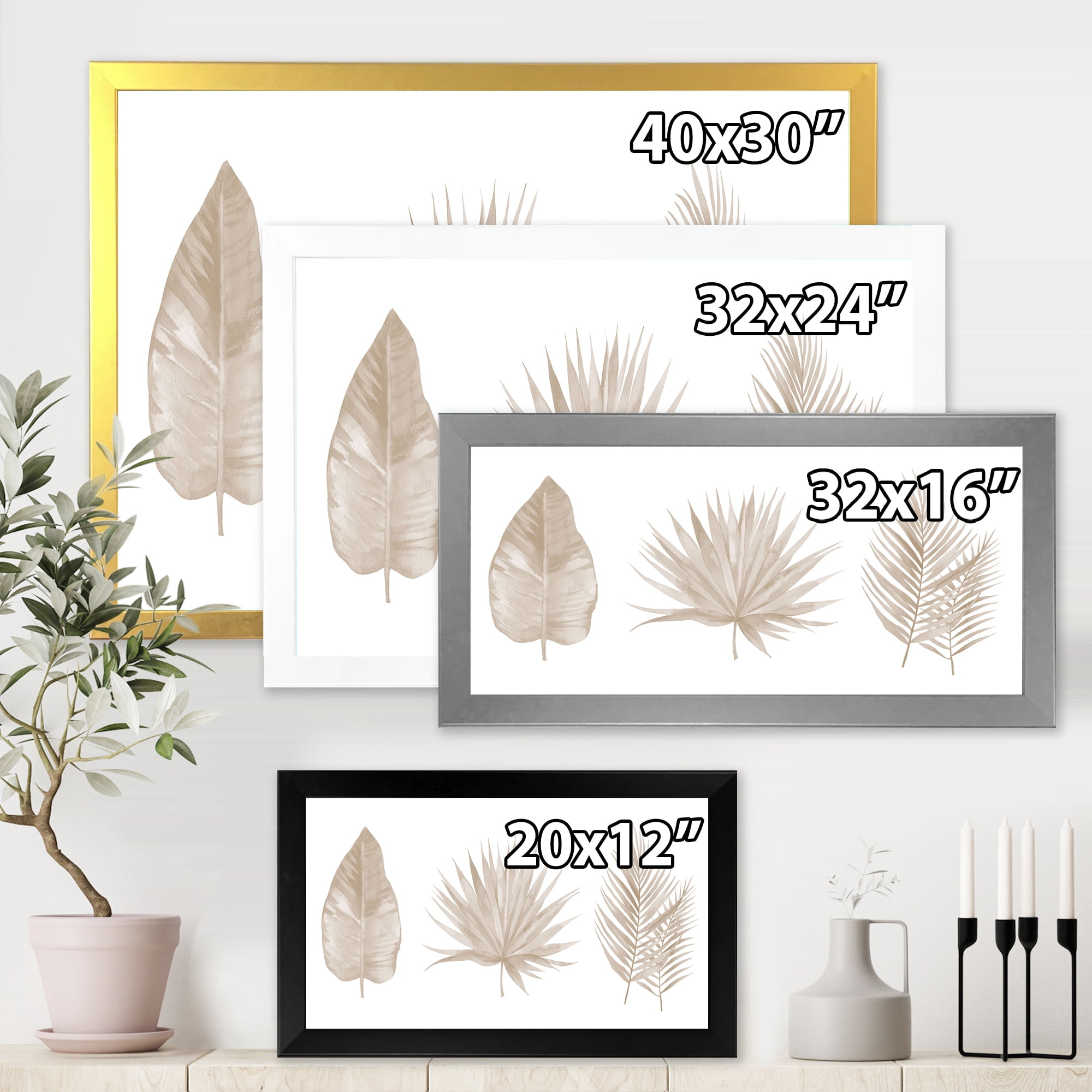 Designart 'Tropical Beiges Leaves On White' Traditional Framed Art Print