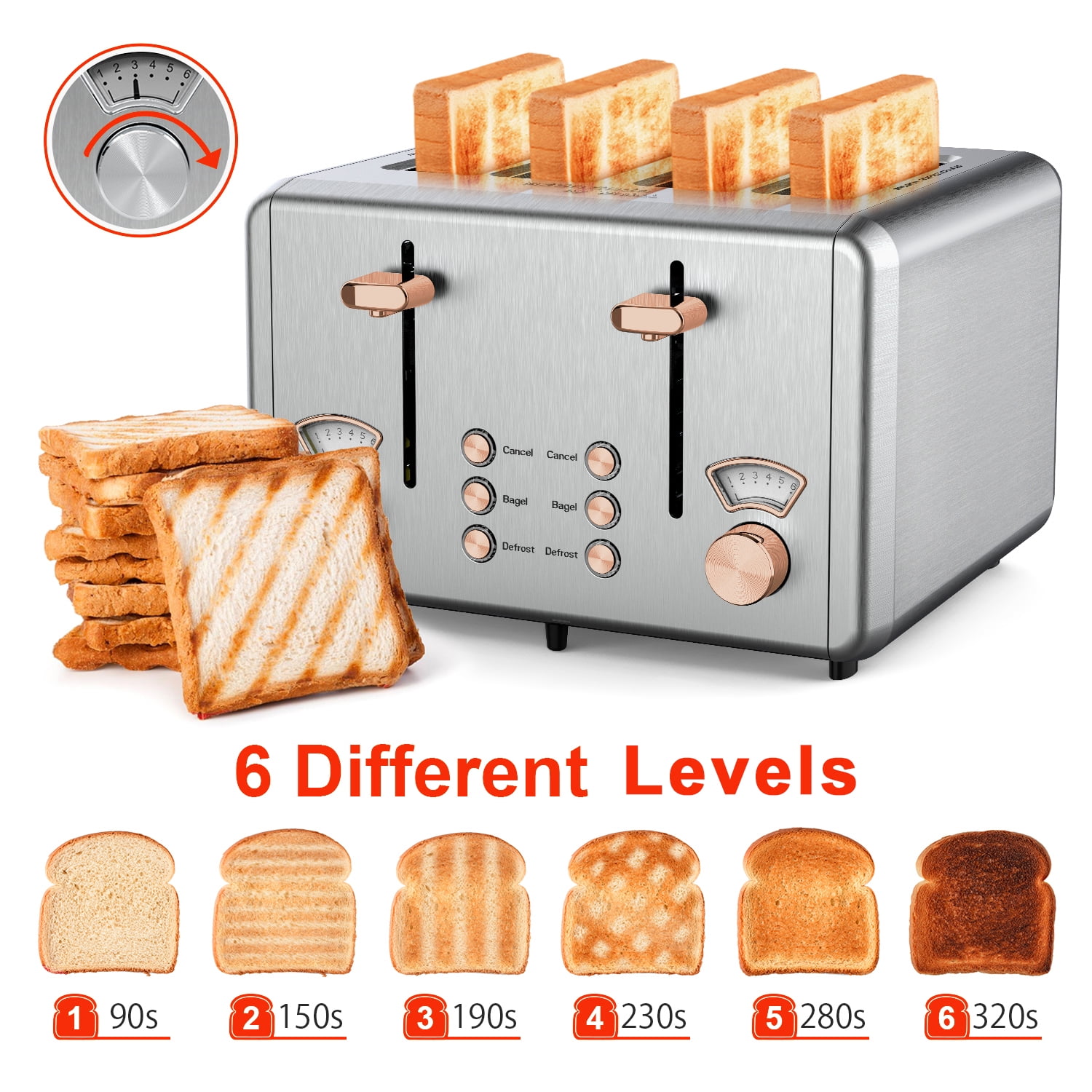 WHALL Long Slot Toaster 4 Slice Brushed Stainless Steel Toaster, 7 Toa –  Whall