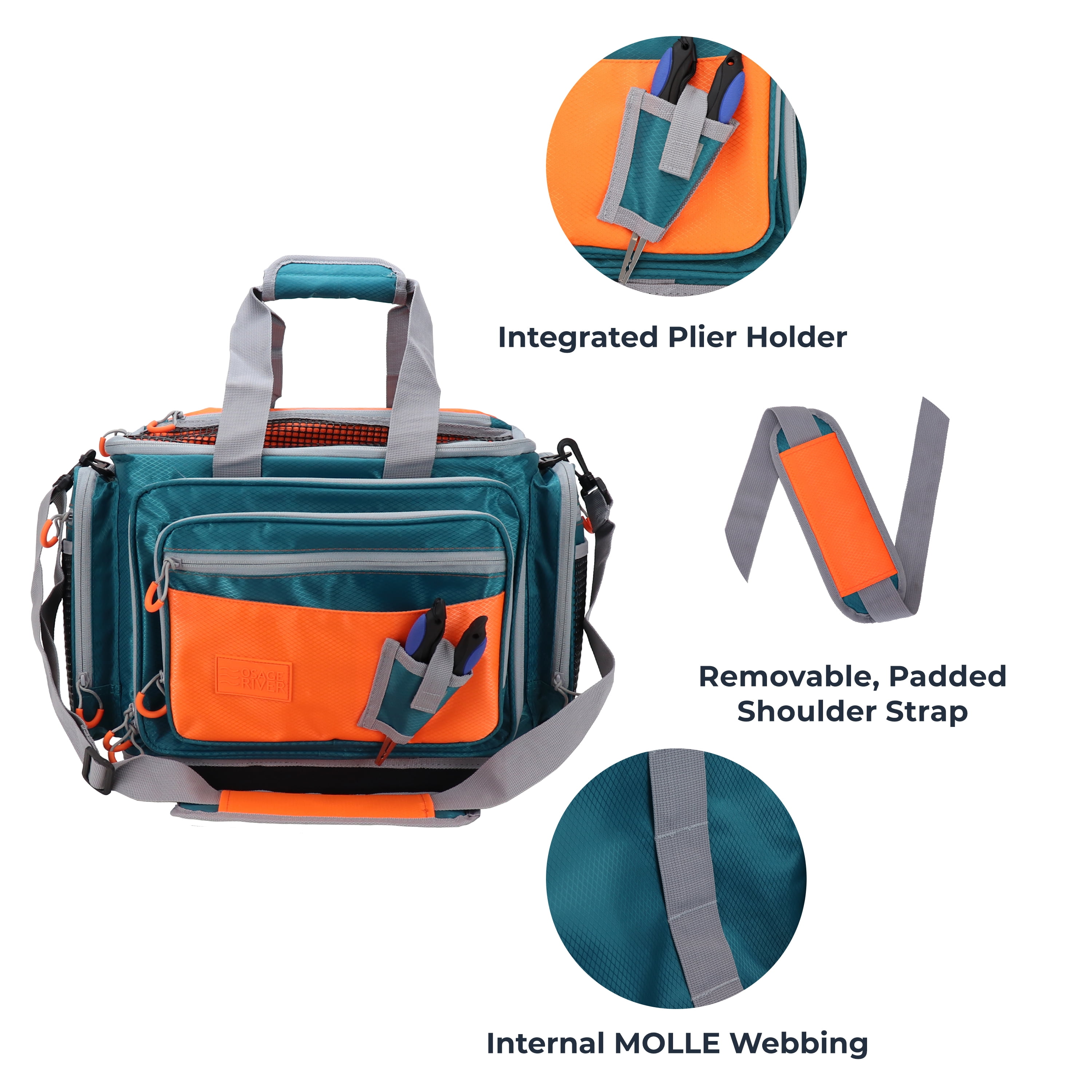 Osage River Gear Medium Fishing Tackle Bag, Saltwater Fishing Gear Bag, Tackle Box Organizer with Waterproof Non-Slip Bottom, Padded Shoulder Strap, and Fishing Pliers, Fishing Gifts for Men, Green