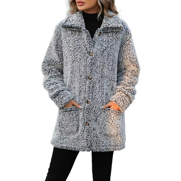 Women Fuzzy Collar Coat Long Sleeve Button Down Fleece Sherpa Jacket Winter Solid Color Oversized Outerwear (Black L)