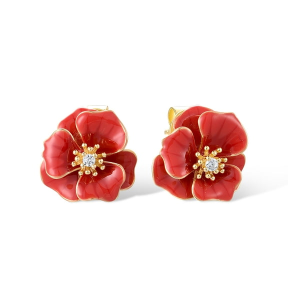 Santuzza Peony Earrings 925 Sterling Silver White Cubic Zirconia Enamel Red Flower Stud Earrings for Women
