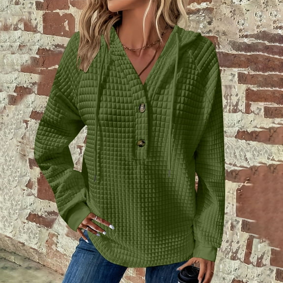 Lovskoo Long Sleeve waffle Sweatshirt for Women drawstring solid color Casual button front hooded Sweatshirt Blouse Olive Green