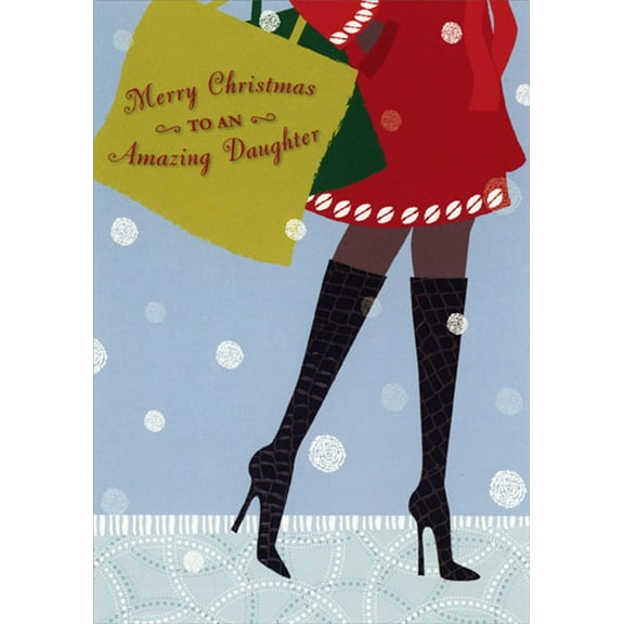 Designer Greetings Woman in Red Coat and Tall Patterned Boots African American Christmas Card for Daughter