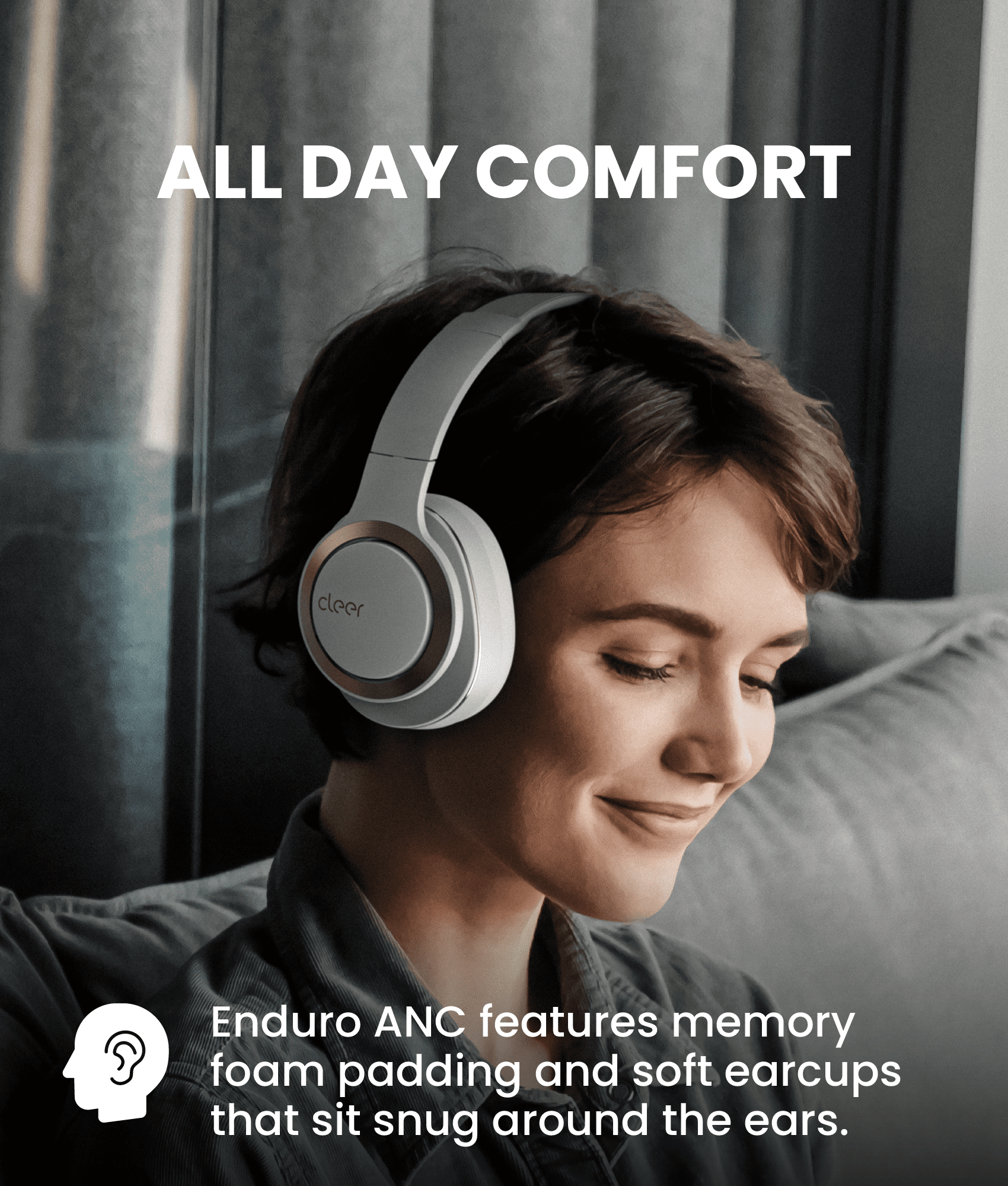 Cleer Enduro ANC Bluetooth Headphones, Noise Cancelling, 60 Hours Playtime, Hi-Res Audio, Light Grey