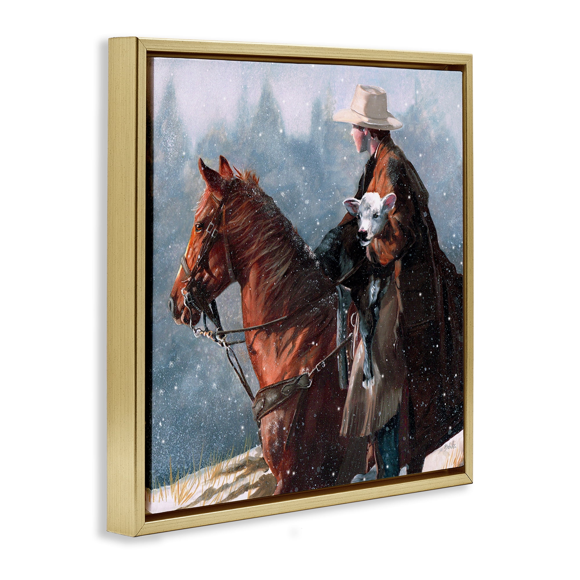 Stupell Industries Cowboy Snow Scene Animals & Insects Painting Gold Floater Framed Canvas Art Print Wall Art, 25 x 25