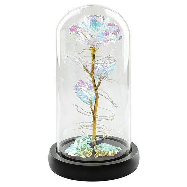 Rosa con cubierta de vidrio y luz LED, rosa eterna, flor de aluminio, regalo para San Valentín, Navidad, día de la madre, color dorado