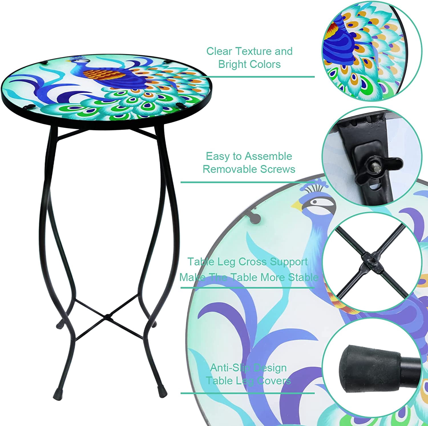 Patio Side Table Outdoor Mosaic Table Accent Coffee Table,Plant End Table Small Porch Peacock Table Indoor,Round Glass Balcony Small Porch Plant Table Stands for Garden Patio Living Room 14 Inch