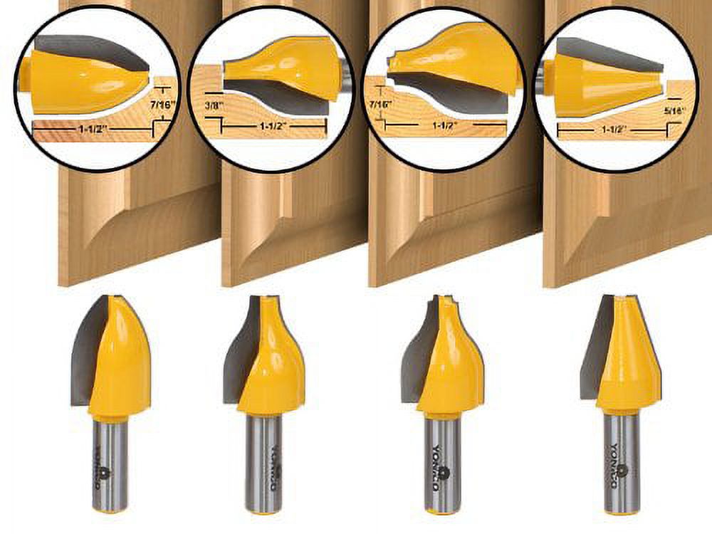 4 Bit Vertical Raised Panel Router Bit Set - 1/2" Shank - Yonico 12404