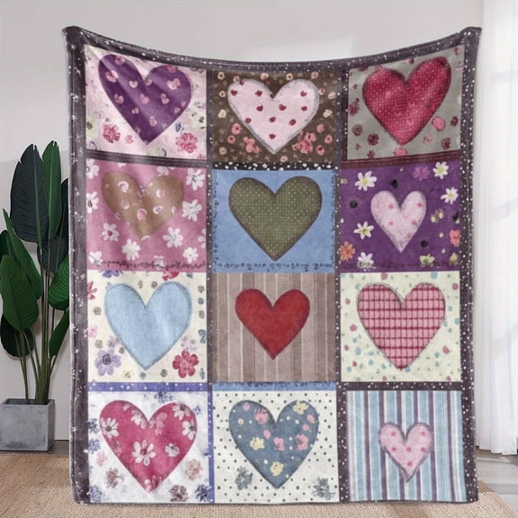 1pc Vintage Heart Patchwork Flannel Blanket – Soft, Cozy, All-Season Throw with Floral & Plaid Patterns in Pink, Purple, Blue & Green – Perfect for Sofa, Bed, Car, Office, Camping & Travel
