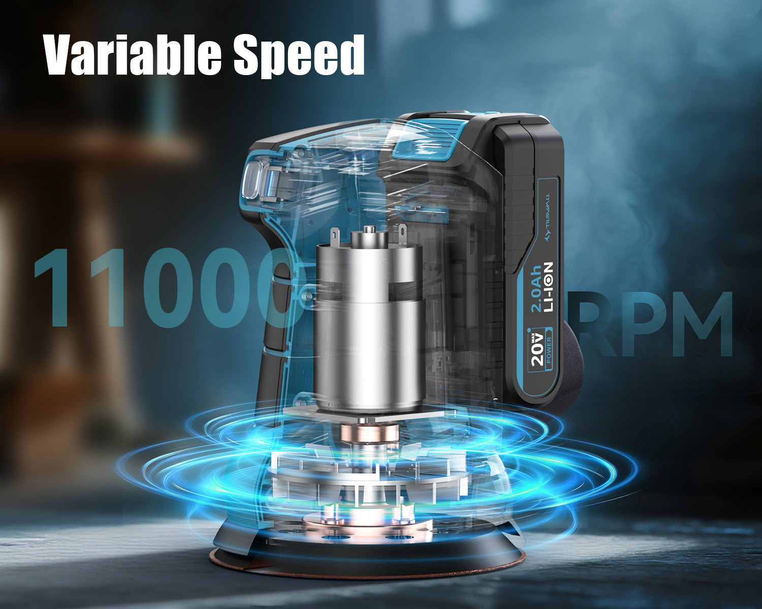 Tilswall 20V Cordless Orbital Sander, 5" Electric Palm Hand Sander Tool, 11,000 RPM, with Vacuum Dust Collector, Random Orbit Power Sander for Woodworking, Blue