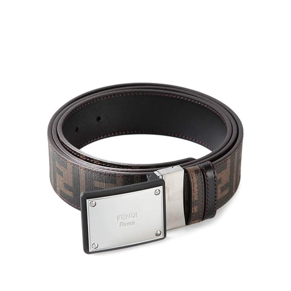 Fendi Logo Plaque Buckle Belt Cintura Placca Zucca Havana Brown Reversible New