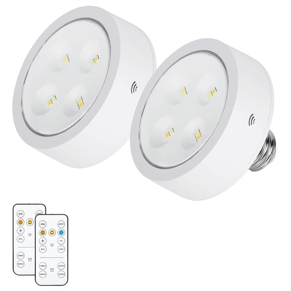 Battery Operated Light Bulb for Lamps, Screw in LED Puck Lights with Remote, E26 Socket Wall Sconce 2Pack
