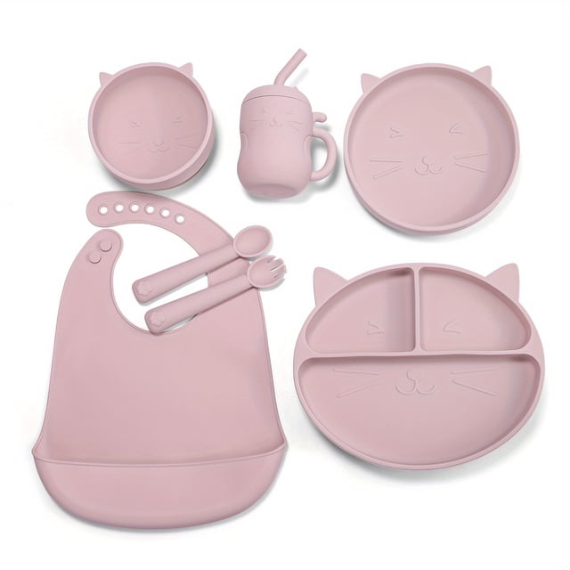 Ensemble de Repas en Silicone 1/7 Pcs, Vaisselle en Silicone Design Chat, Fournitures de Sevrage Dirigé par Tout-Petits avec Ventouse, Assiette Divisée Bol Bavoir Réglable, Cuillère Fourchette Tasse d'Eau Douce, Vaisselle Incassable TYRY.HU