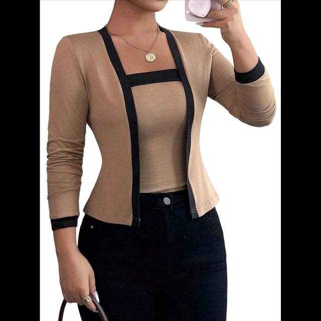 Conjunto de Dos Piezas de Cárdigan con Bloques de Color en Contraste para Mujer, Cárdigan Corto de Larga y Chal A Rayas. Caqui S