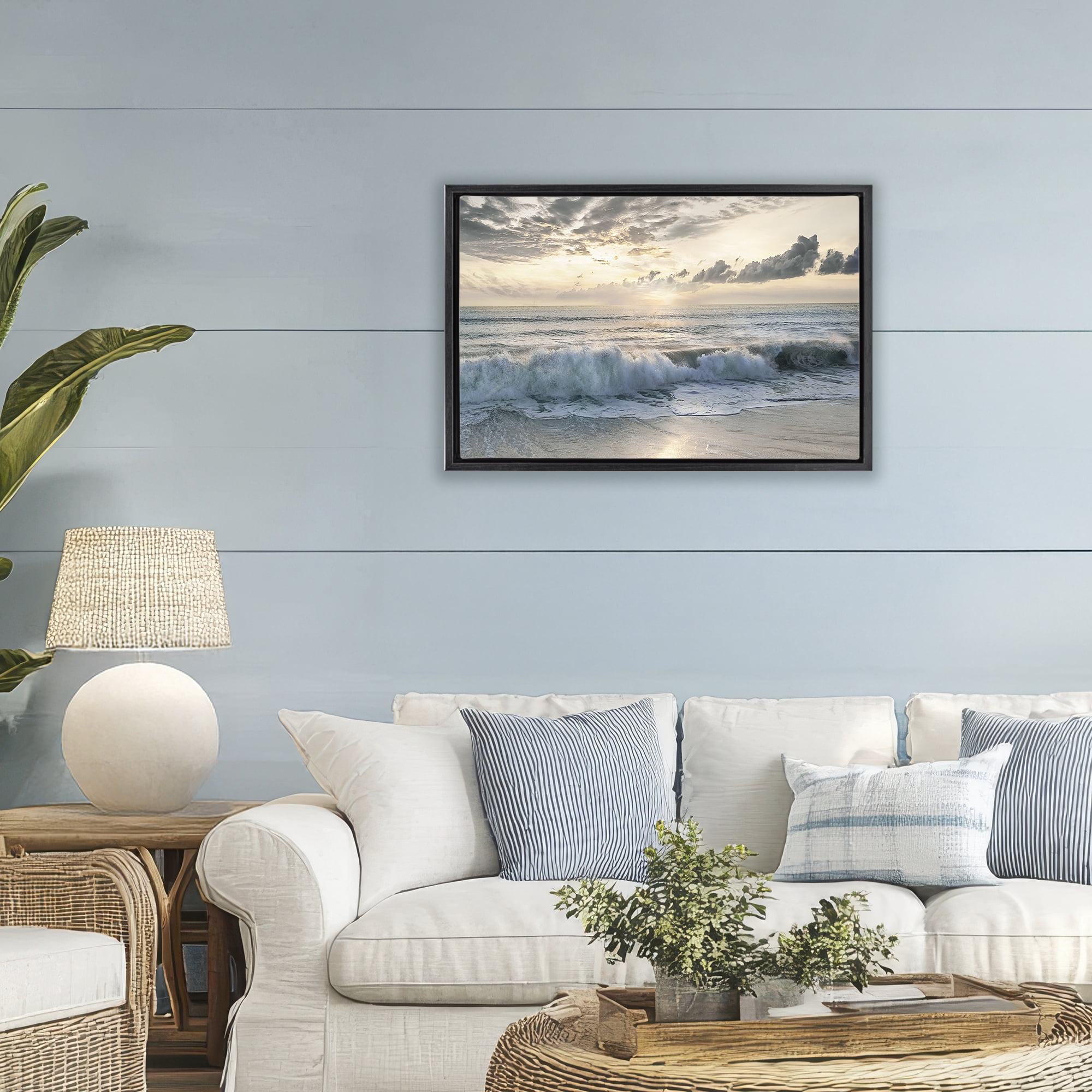 Stupell Industries Sunset Foam Along Shoreline Black Framed Floater Canvas Wall Art, design by Mike Calascibetta
