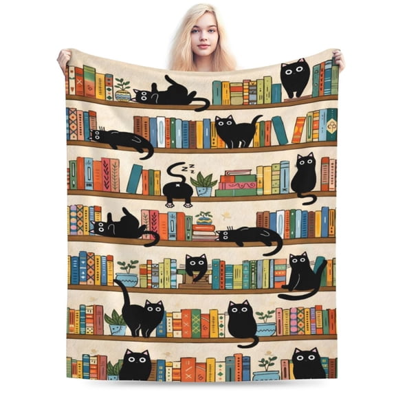 Book Lovers Gifts for Readers Blanket, Librarian Gifts Bookshelf Black Cat Stuff Throw Blanket,Birthday for Reading Lover Bookish Literary Gifts Blankets Home Decor 50x40