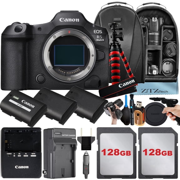 Canon EOS R5 Mark II Mirrorless Camera (Body Only) with 2 Pack 128GB SanDisk Memory Card   3 Pieces Battery   Backpack   Tripod   ZeeTech Accessory Bundle