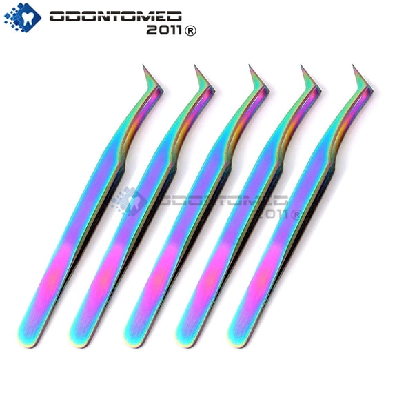 OdontoMed2011® 5 Pieces Stainless Steel Jeweler Style Tweezers #6 Multi Titanium Rainbow Color Fine Point Jewelry-making, Laboratory Work